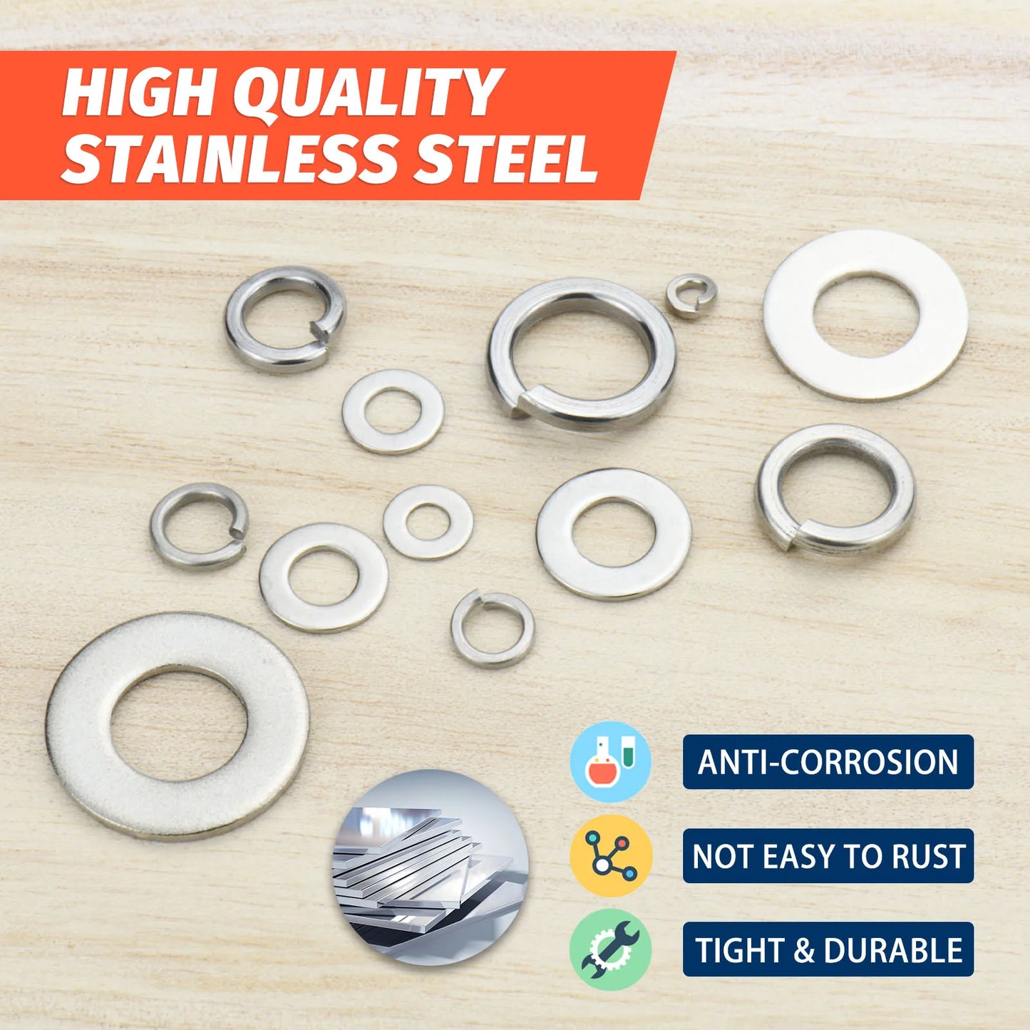 Stainless Steel Lock and Flat Washer Assortment Kit
